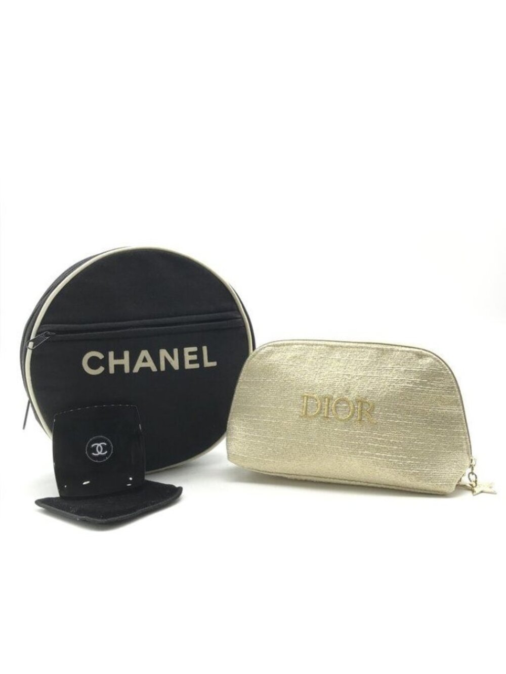 Dior Makeup Pouch Case Canvas Black Gold with Mirror